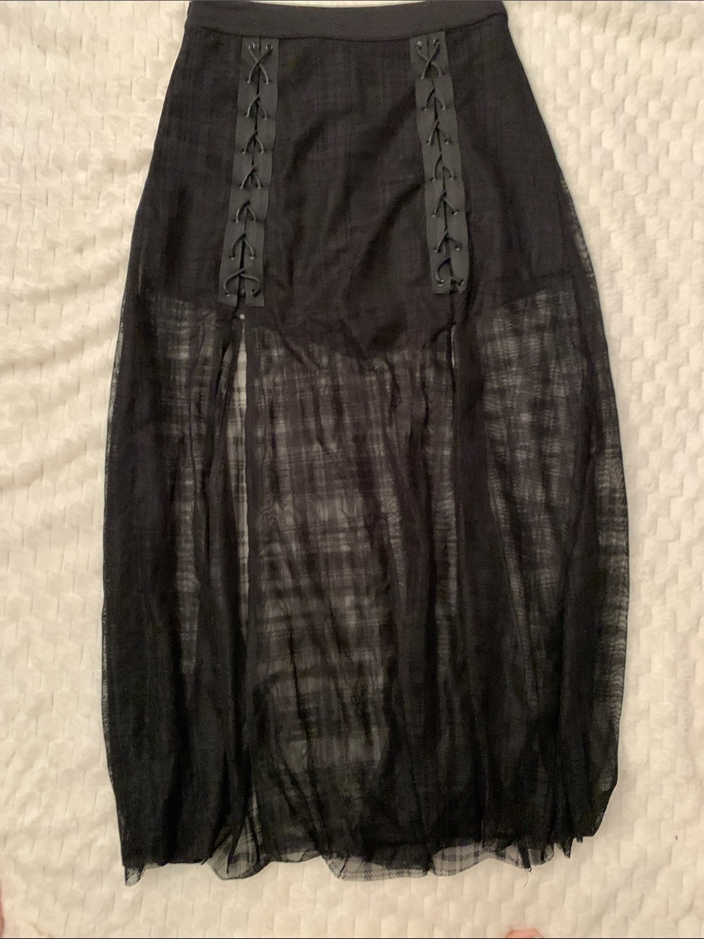 Punk Rave Half-Sheer Black Lace-Up Maxi Skirt, Preowned